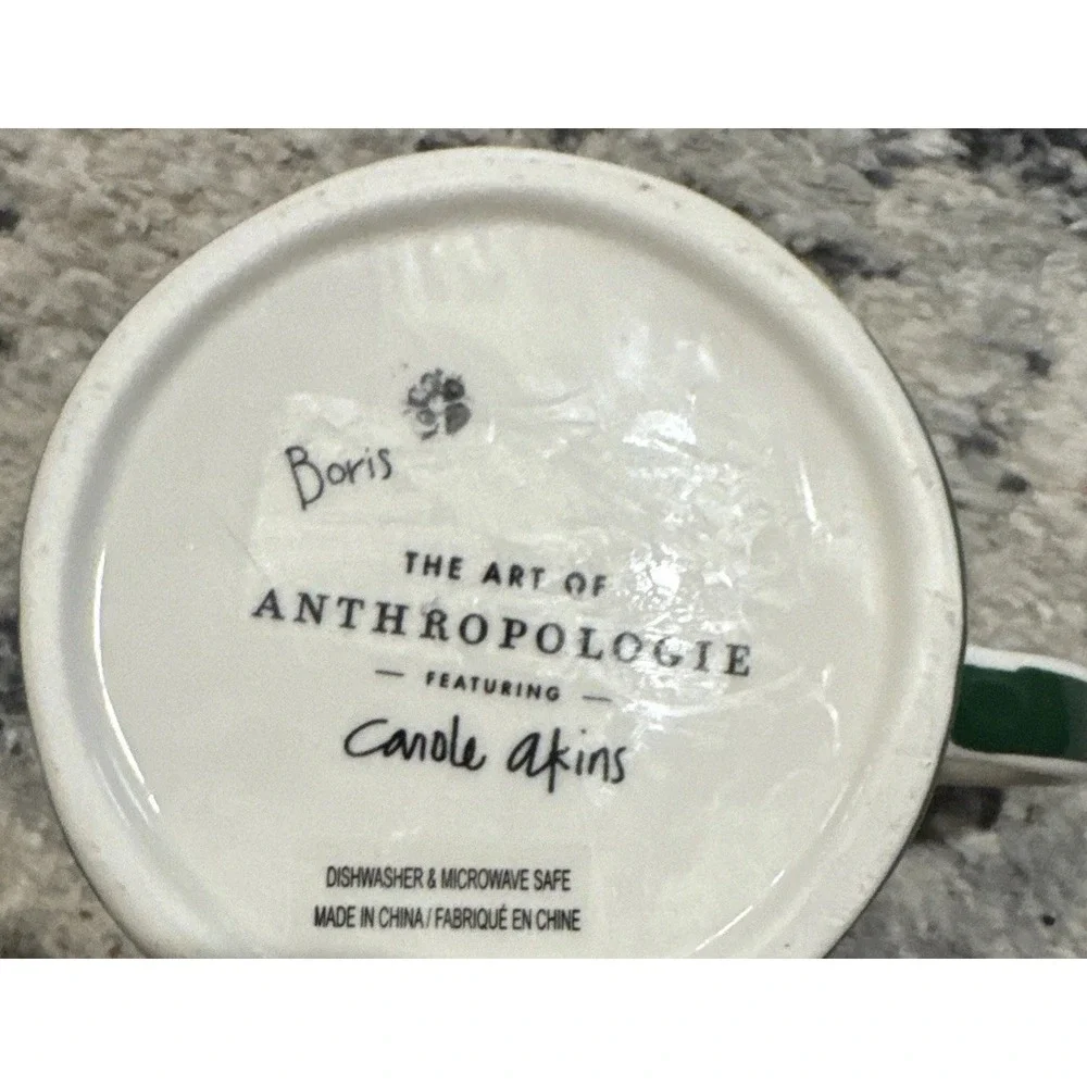 Anthropology Green Carole Akins Orange Cat  Boris Mug 15oz